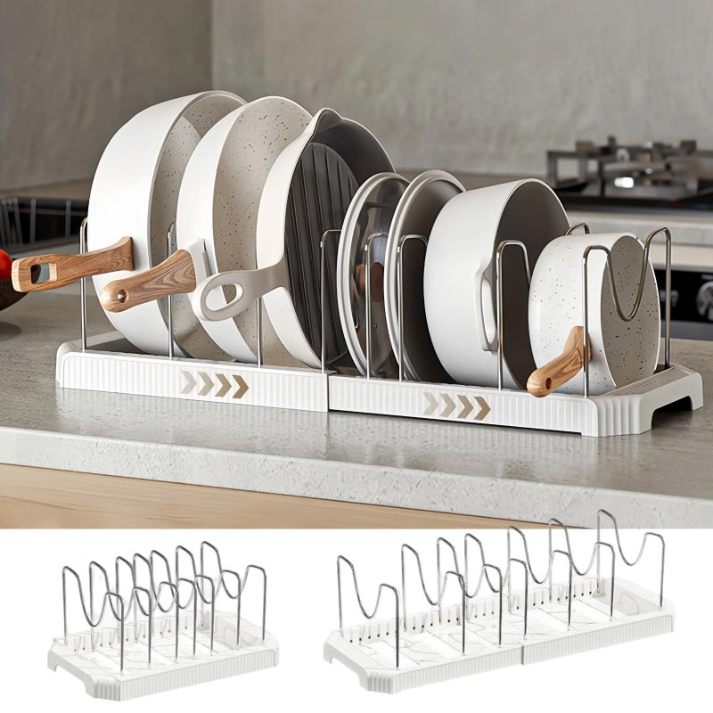 Silanit Expandable Pot and Pan Organizer Rack for Kitchen Cabinet or Under Sink, Adjustable Lid Holder with 7 Dividers, Space-Saving Storage for Renters, Small Homes, and Busy Cooks, White - Image 1
