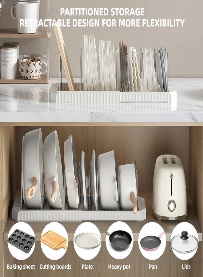 Silanit Expandable Pot and Pan Organizer Rack for Kitchen Cabinet or Under Sink, Adjustable Lid Holder with 7 Dividers, Space-Saving Storage for Renters, Small Homes, and Busy Cooks, White - Image 2