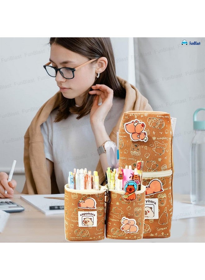 FunBlast Standing Pencil Case, Cute Pencil Pouch for Girls & Boys - Korean Boba Pop Up Stationery, Pouches for Stationary Boys Kids Women School Students, Cosmetic Organizer Box (Pouch-Brown) - Image 5