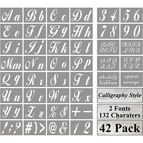 REOLAN Letter Stencils for Painting on Wood - 42 Pack Alphabet Stencil Templates with Numbers and Signs, Large Reusable Plastic Stencils in 2 Fonts and 132 Designs for Wood Burning & Wall Art - Image 1