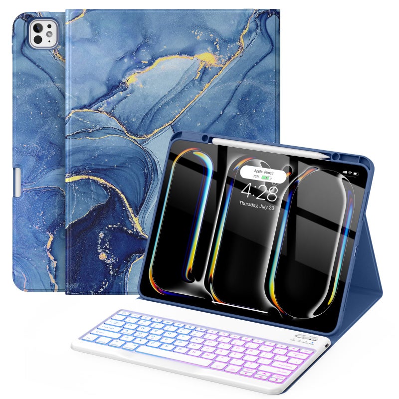 حافظة لوحة مفاتيح Soke لجهاز iPad Pro 13 بوصة M4 2024 مع لوحة مفاتيح لاسلكية قابلة للفصل مغناطيسية 7 ألوان إضاءة خلفية قاعدة فوليو غلاف خلفي TPU مع حامل قلم لجهاز iPad Pro 13 رخام المحيط