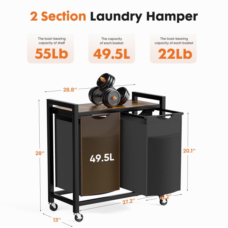 NEWBULIG Rolling Laundry Hamper with Removable Pull-Out Bag, Freestanding Clothes Basket Organizer with Wheels for Bathroom & Bedroom, 2 Ã— 13.1 Gal (99L) - Rustic Brown & Black - Image 2