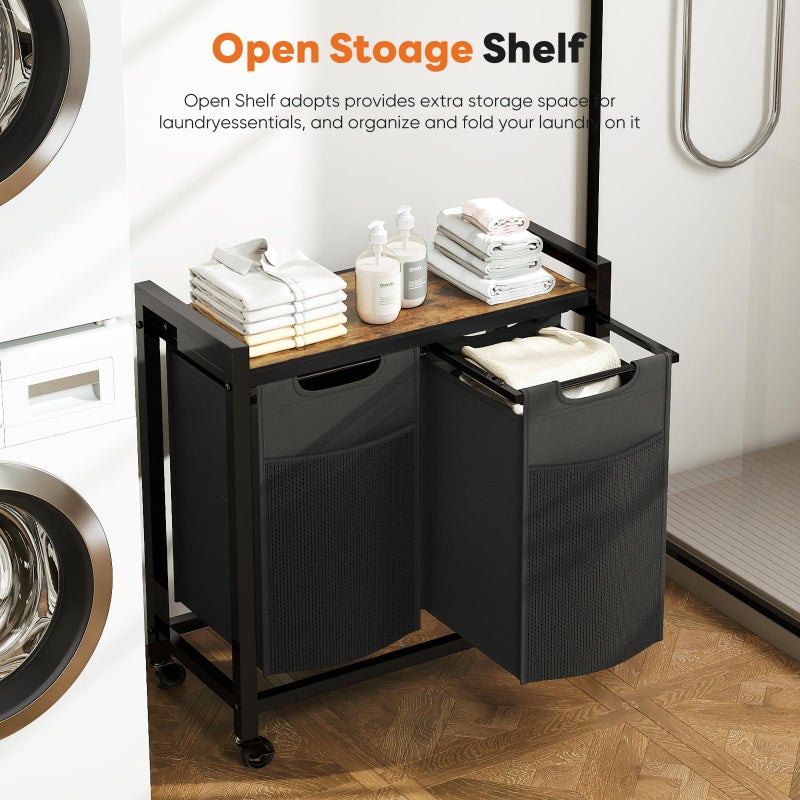 NEWBULIG Rolling Laundry Hamper with Removable Pull-Out Bag, Freestanding Clothes Basket Organizer with Wheels for Bathroom & Bedroom, 2 Ã— 13.1 Gal (99L) - Rustic Brown & Black - Image 5