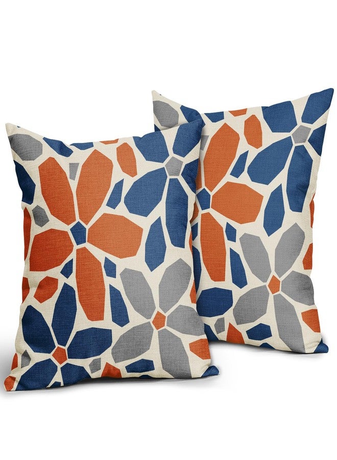 Aytipun Blue Orange Grey Gray Pillow Covers 18x18 Set of 2 Geometric Art Flower Print Decorative Outdoor Pillowcases Abstract Floral Farmhouse Throw Cushion Case Decor for Couch Sofa Bed - Image 2