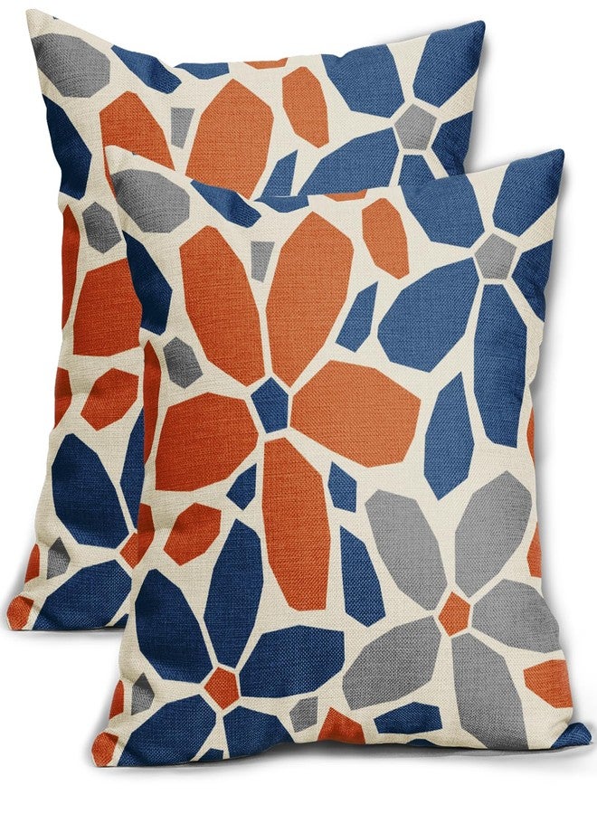 Aytipun Blue Orange Grey Gray Pillow Covers 18x18 Set of 2 Geometric Art Flower Print Decorative Outdoor Pillowcases Abstract Floral Farmhouse Throw Cushion Case Decor for Couch Sofa Bed - Image 1