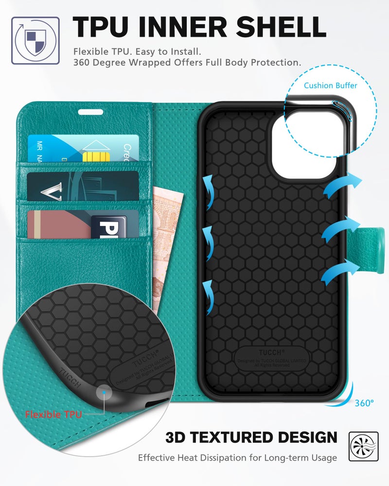 TUCCH Wallet Case for iPhone 13, [RFID Blocking] [3 Card Slots] TPU Interior Protective Case, Magnetic Folio Shockproof PU Leather Stand Flip Cover Compatible with iPhone 13 6.1 5G, Cyan - Image 4