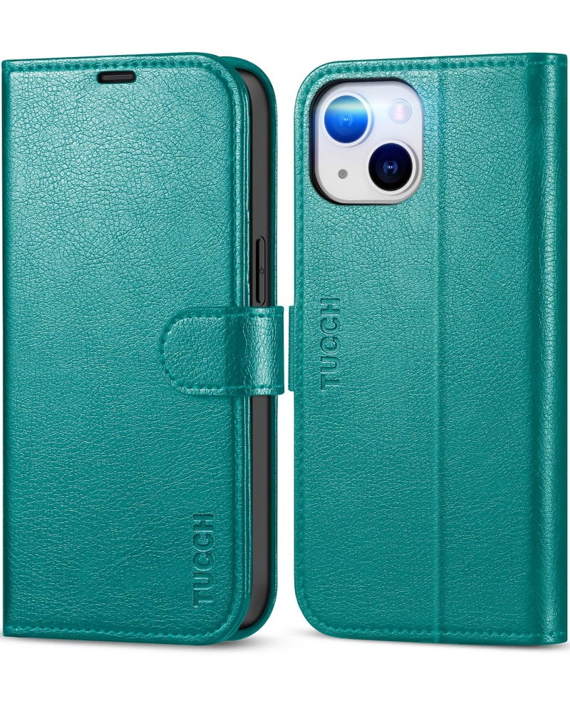 TUCCH Wallet Case for iPhone 13, [RFID Blocking] [3 Card Slots] TPU Interior Protective Case, Magnetic Folio Shockproof PU Leather Stand Flip Cover Compatible with iPhone 13 6.1 5G, Cyan - Image 1