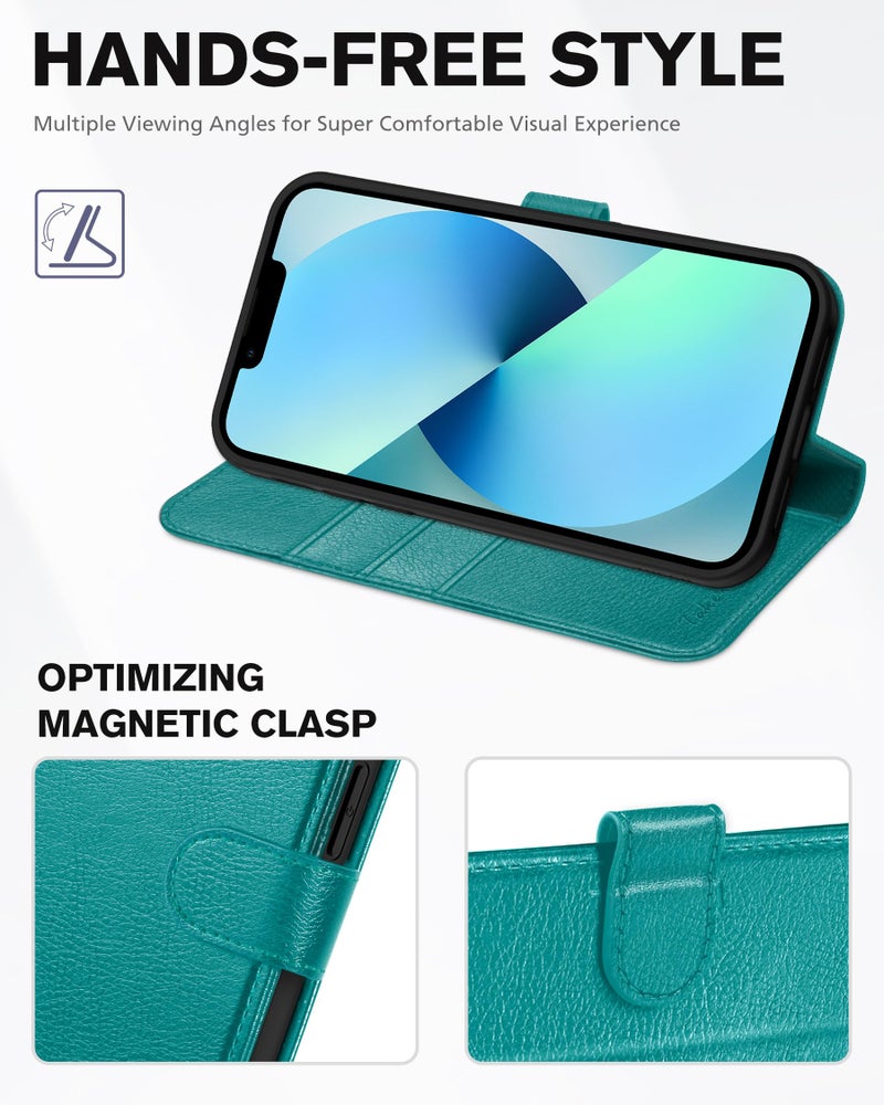TUCCH Wallet Case for iPhone 13, [RFID Blocking] [3 Card Slots] TPU Interior Protective Case, Magnetic Folio Shockproof PU Leather Stand Flip Cover Compatible with iPhone 13 6.1 5G, Cyan - Image 5