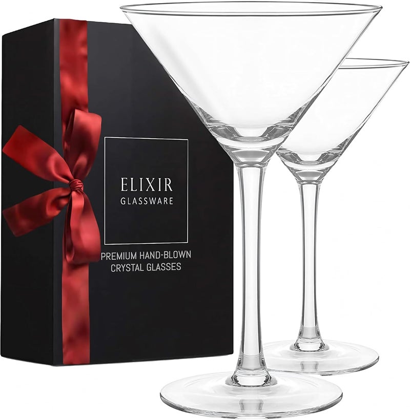 Elixir Glassware طقم كؤوس مارتيني من 2 - 9 أونص - كؤوس مارتيني كريستالية مصنوعة يدويًا مع ساق - كؤوس كوكتيل أنيقة للبار، مارتيني، كوزموبوليتان، طقم كؤوس مانهاتن - Image 1