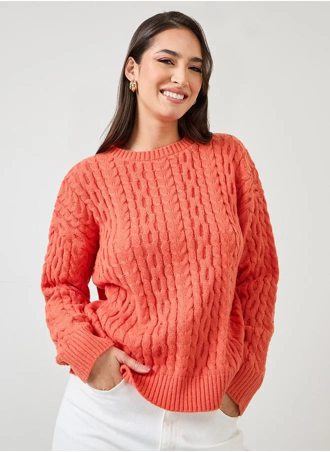 ستايلي Solid Regular Fit Cable Knit Sweater