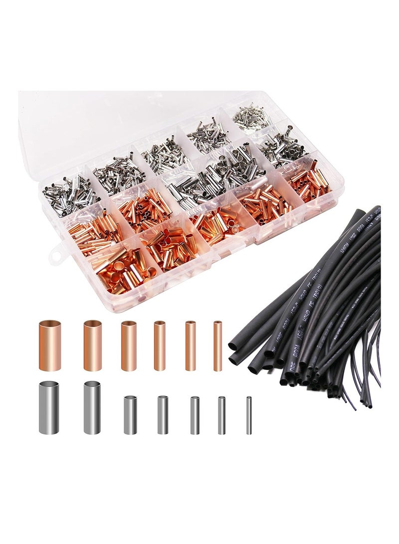 MVAQKLM  Wire Ferrules Kit, 970 Pcs Non Insulated Crimp Connector, Tinned Copper Electrical Cable Pin Cord End Terminal Assortment Kit,Wire Crimp Connectors with 48 Pcs Heat Shrink Tubing - Image 1