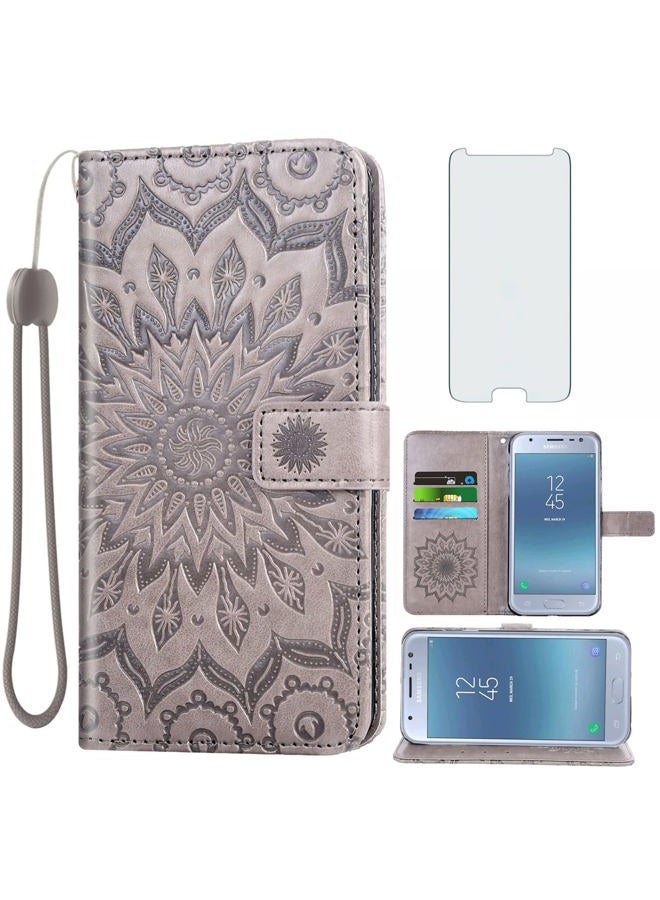 Asuwish Phone Case for Samsung Galaxy J3 Luna Pro J 3 Prime 2017 Emerge 3J Eclipse Mission Wallet Cases with Tempered Glass Screen Protector and Leather Flip Cover Card Holder Stand Cell Glaxay S327VL Gray - Image 1