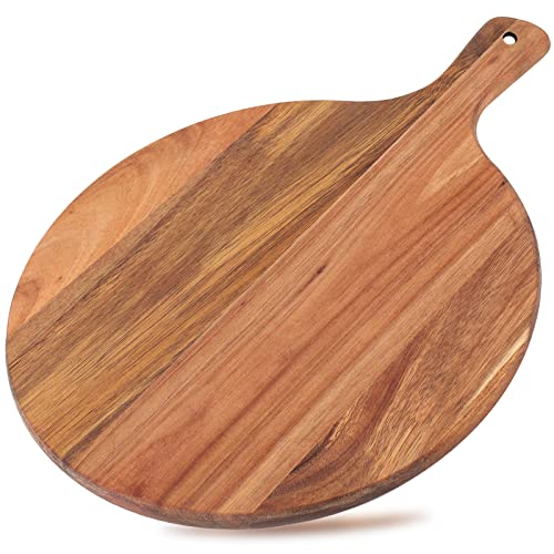 Dicunoy Acacia Wood Pizza Peel 12 Round Charcuterie Board with Handle Cutting Board Cheese Paddle Fruit Chopping Board Tray for Bread Vegetables RV Camping