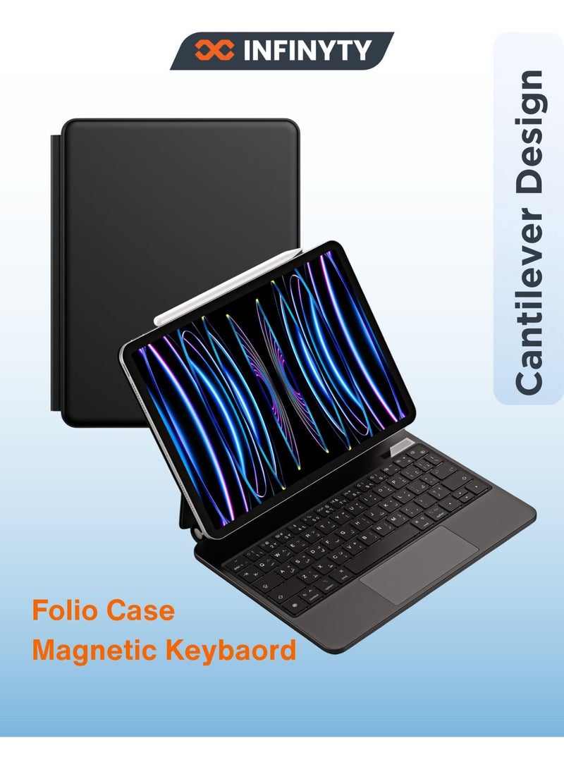 INFINYTY Magnetic Keyboard/ Folio Case for iPad Air 13"(2024), iPad Pro 12.9"(2020/2021/2022)  – Cipher-II (Black), Floating Cantilever Design, Smart Keyboard with English & Arabic Keys, Backlit Keys, Multi-Touch - Image 1