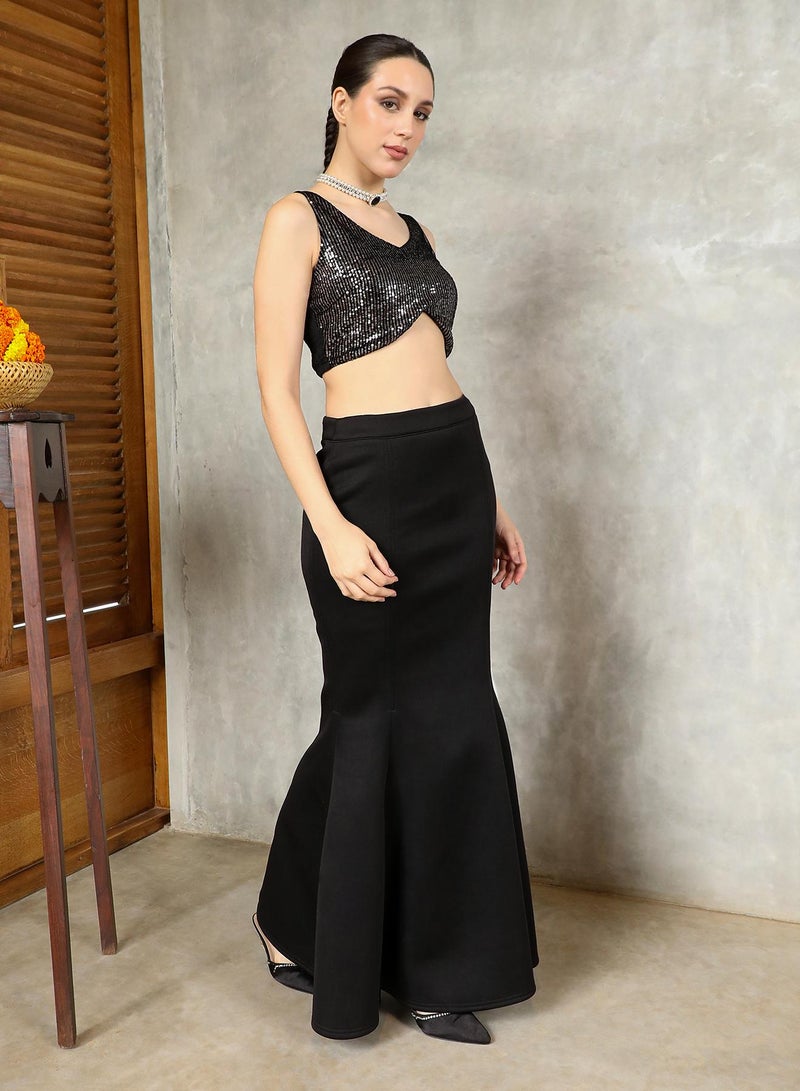 QISSA Women's Mermaid-Flare Co-Ord Set For Ethnic Wear | V-Scoop Neck, Sleeveless | Sequined Plain Woven Fabric | 3 Piece Co-Ords Designed For Evening & Party Wear | Midnight Black - Image 3