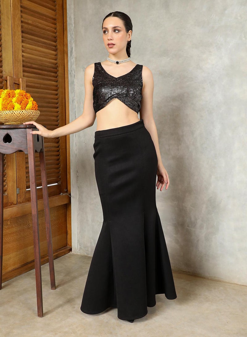QISSA Women's Mermaid-Flare Co-Ord Set For Ethnic Wear | V-Scoop Neck, Sleeveless | Sequined Plain Woven Fabric | 3 Piece Co-Ords Designed For Evening & Party Wear | Midnight Black - Image 2