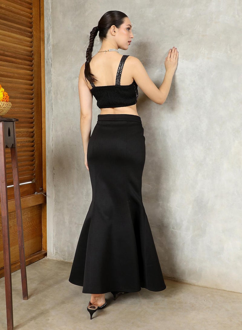 QISSA Women's Mermaid-Flare Co-Ord Set For Ethnic Wear | V-Scoop Neck, Sleeveless | Sequined Plain Woven Fabric | 3 Piece Co-Ords Designed For Evening & Party Wear | Midnight Black - Image 5
