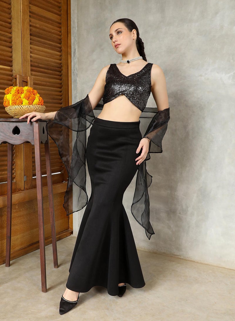 QISSA Women's Mermaid-Flare Co-Ord Set For Ethnic Wear | V-Scoop Neck, Sleeveless | Sequined Plain Woven Fabric | 3 Piece Co-Ords Designed For Evening & Party Wear | Midnight Black - Image 1