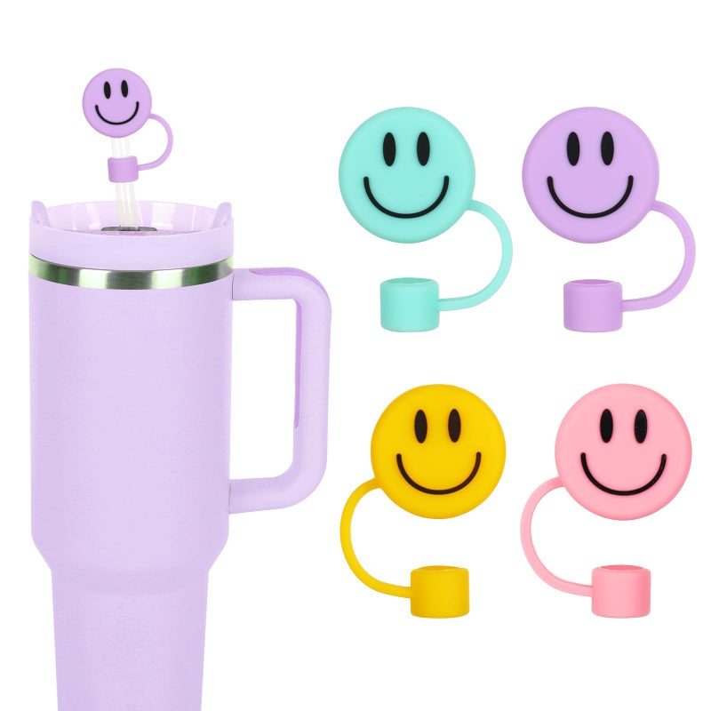 Whaline 4Pcs Smile Face Straw Covers Macaron Silicone Reusable Round Straw Topper Double Sided Pattern Straw Tip Covers 10mm 04 Inch for 30  40 OZ Tumbler with Handle