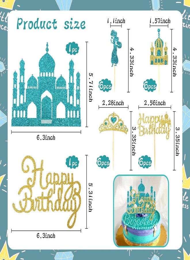 Wootkey 26Pcs Glitter Princess Cake Topper Set with Lake Blue Castle Gold Happy Birthday Cake Toppers Crown Cupcake Topper for Arabian Princess Birthday New Year Costume Party Decor - Image 2