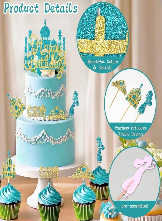 Wootkey 26Pcs Glitter Princess Cake Topper Set with Lake Blue Castle Gold Happy Birthday Cake Toppers Crown Cupcake Topper for Arabian Princess Birthday New Year Costume Party Decor - Image 3