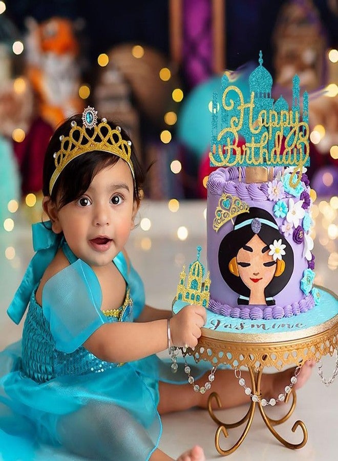 Wootkey 26Pcs Glitter Princess Cake Topper Set with Lake Blue Castle Gold Happy Birthday Cake Toppers Crown Cupcake Topper for Arabian Princess Birthday New Year Costume Party Decor - Image 4