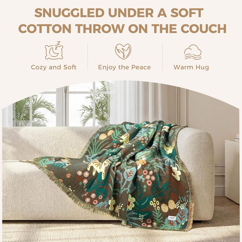 LUTBM Boho Throw Blanket for Bed - 100% Cotton Ultra Soft Rustic Quilt Summer Blanket - Forest Tiger Printed Farmhouse Decor Bed Blankets,60"×80" All Season Rustic Throw for Sofa Couch Chair - Image 4