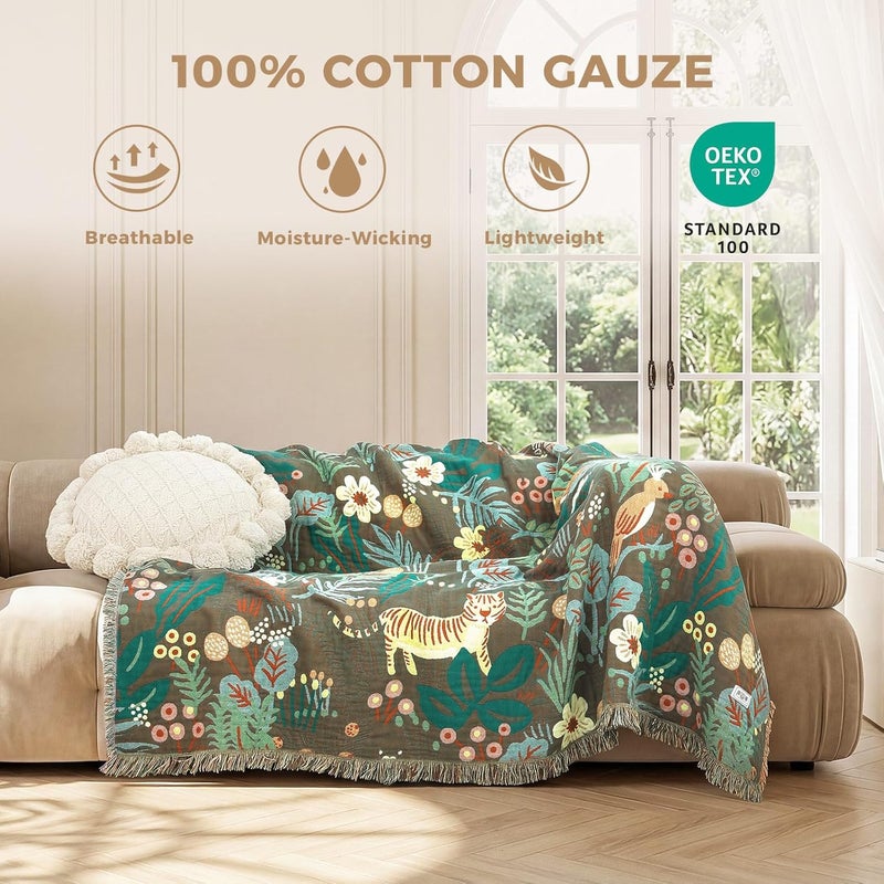 LUTBM Boho Throw Blanket for Bed - 100% Cotton Ultra Soft Rustic Quilt Summer Blanket - Forest Tiger Printed Farmhouse Decor Bed Blankets,60"×80" All Season Rustic Throw for Sofa Couch Chair - Image 2