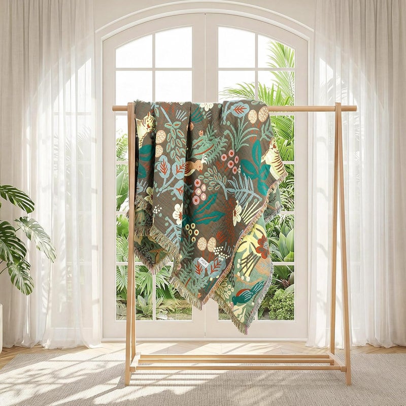 LUTBM Boho Throw Blanket for Bed - 100% Cotton Ultra Soft Rustic Quilt Summer Blanket - Forest Tiger Printed Farmhouse Decor Bed Blankets,60"×80" All Season Rustic Throw for Sofa Couch Chair - Image 5