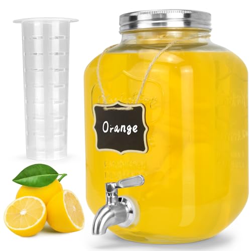 DD&HAPP Glass Beverage Dispenser With Stainless Steel Spigot,1.2 Gallon Mason Jar Drink Dispenser,Sun Tea,Lemonade & Juice Dispenser for Parties, Weddings & Events.Leak-Proof, Infuser Included. - Image 1