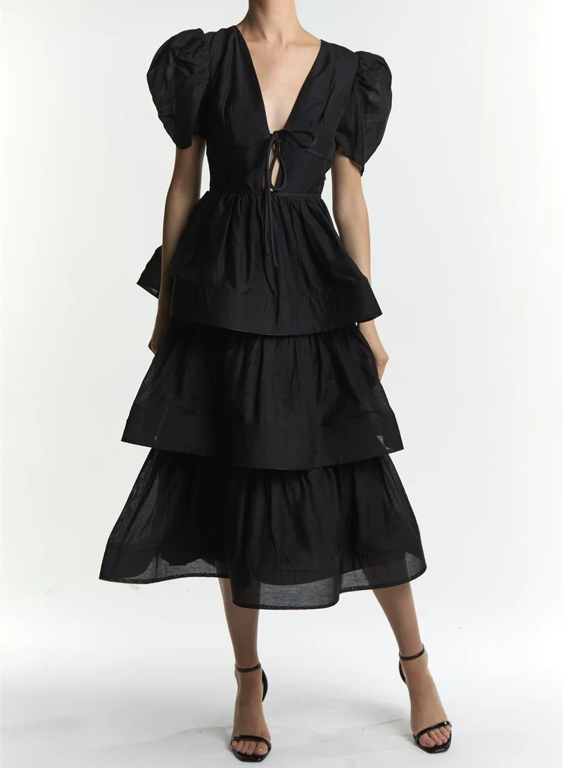 True Decadence Emma Black V-Neck Tiered Midaxi Dress with Tie