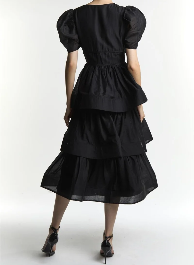 True Decadence Emma Black V-Neck Tiered Midaxi Dress with Tie