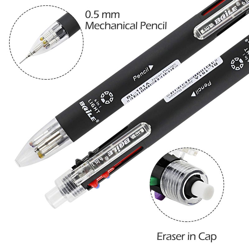 Baile 6 in 1 Multifunctional Ballpoint Pens 5 Colors 0.7 mm Ballpoint Pen and 0.5 mm Mechanical Pencil in One Pen, Pack of 5 - Image 3
