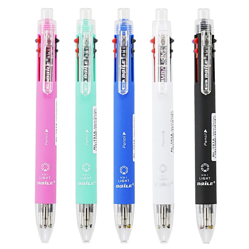 Baile 6 in 1 Multifunctional Ballpoint Pens 5 Colors 0.7 mm Ballpoint Pen and 0.5 mm Mechanical Pencil in One Pen, Pack of 5 - Image 1