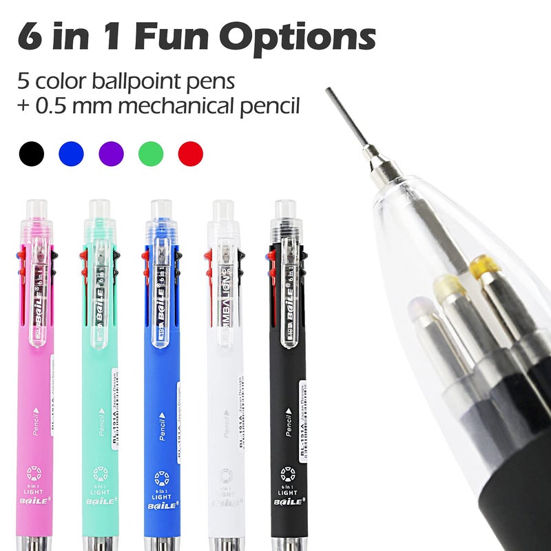 Baile 6 in 1 Multifunctional Ballpoint Pens 5 Colors 0.7 mm Ballpoint Pen and 0.5 mm Mechanical Pencil in One Pen, Pack of 5 - Image 2