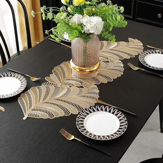 Groki Golden Floral Waterproof PVC Table Runner Elegant Durable Dining Table Dcor 35L x 13W Inches Set of 1 - Image 1