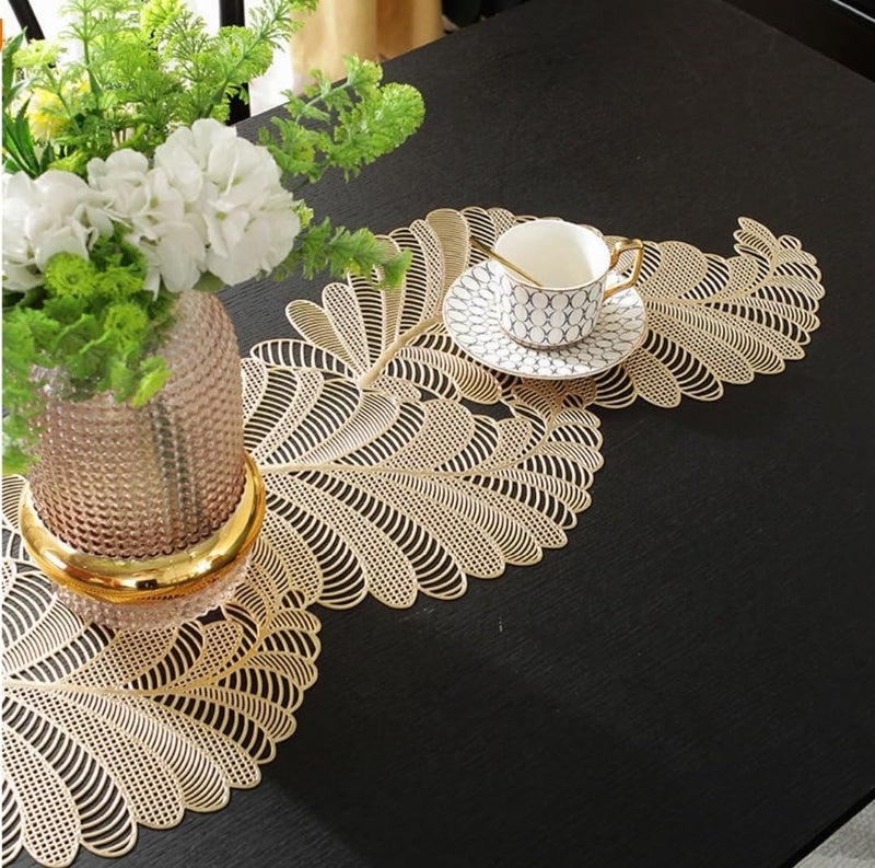 Groki Golden Floral Waterproof PVC Table Runner Elegant Durable Dining Table Dcor 35L x 13W Inches Set of 1 - Image 2