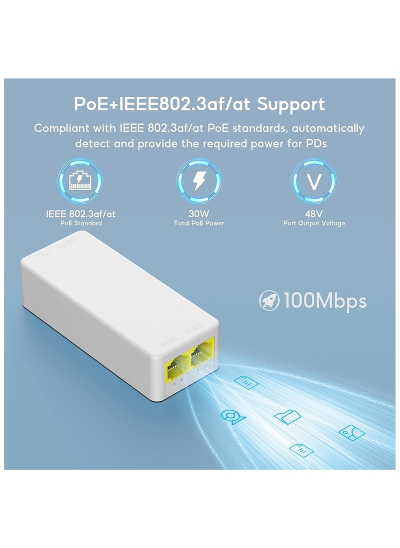 NA 2 Port PoE Extender 100Mbps, IEEE 802.3 af/at PoE Repeater, 1 PoE in 2 PoE Out, Plug and Play, Wall Mount POE Passthrough Switch for Security Systems IP Camera  - Image 2