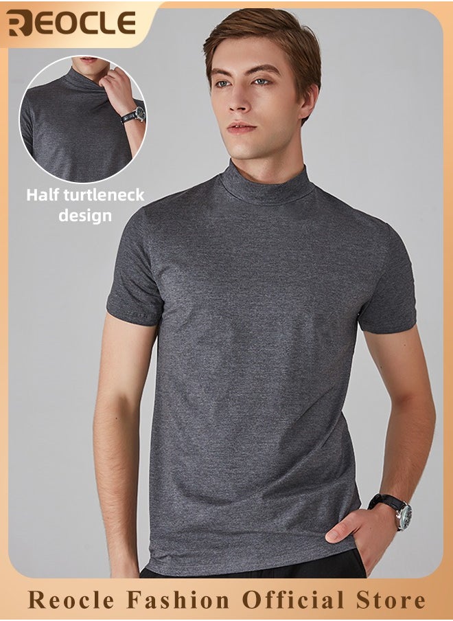 REOCLE Men's T Shirt Short Sleeve Basic Turtleneck Slim Fit Undershirt Pullover Solid Tops Thin Lightweight Tees Sport Shirt  - Image 1