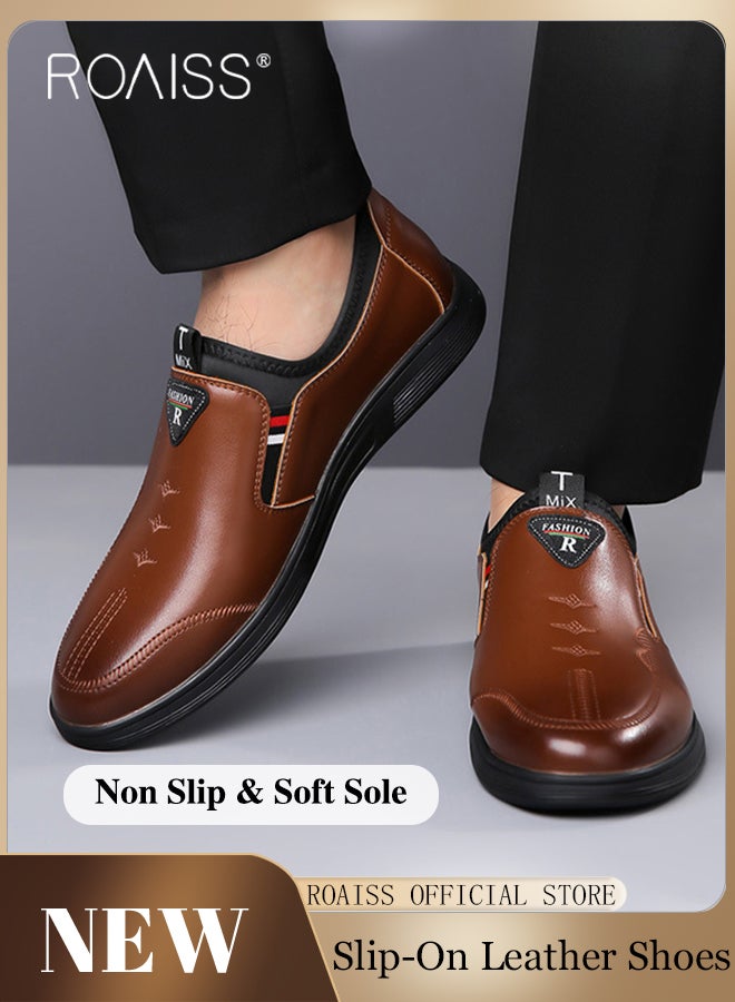 roaiss Men Leather Shoes, Low Top Slip on Shoes with Non Slip Sole, Stylish Flat Shoes for Men, Simple Classic Business Shoes, Suitable for Daily Wear, Business, Wedding and Outdoor Activities - Image 2