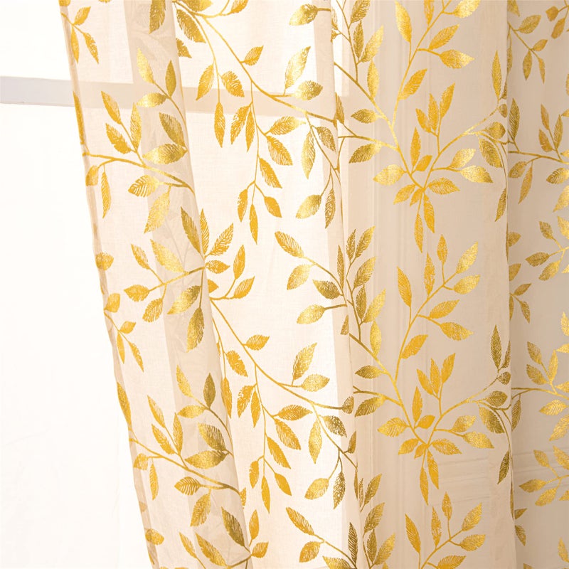 Deeprove Beige Sheer Curtains 84 Inches Long 2 Panels Set Gold Foil Metallic Vine Leaves Print Window Treatments for Nursery Bedroom Golden Bronzing Privacy Drapes Pair Rod Pocket 52 W x 84 L - Image 2