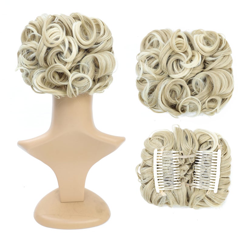 SWACC Short Messy Curly Dish Hair Bun Extension Easy Stretch hair Combs Clip in Ponytail Extension Scrunchie Chignon Tray Ponytail Hairpieces BeigeBlonde Mixed24T613