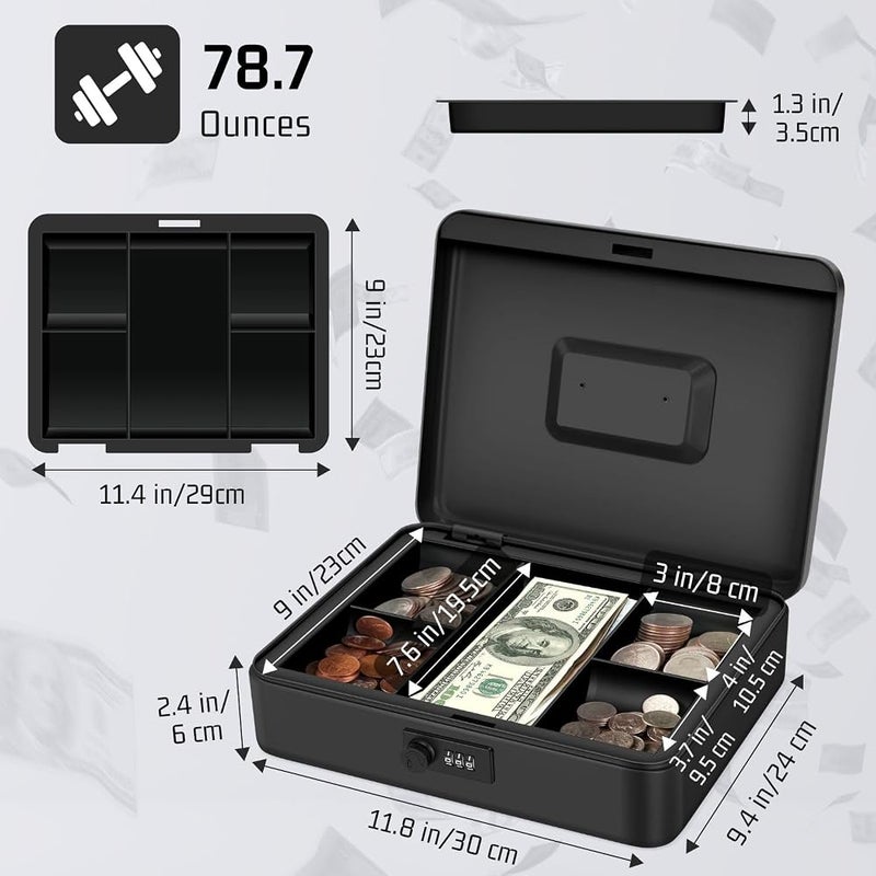 Flexzion Cash Box with Key Lock and Money Coin-Tray Steel Money Lock Box Safe Storage Security Locker, Small Portable Steel Counter Cashier Drawer Spring Loaded Clips for Bills, Checks, Jewelry - Image 3