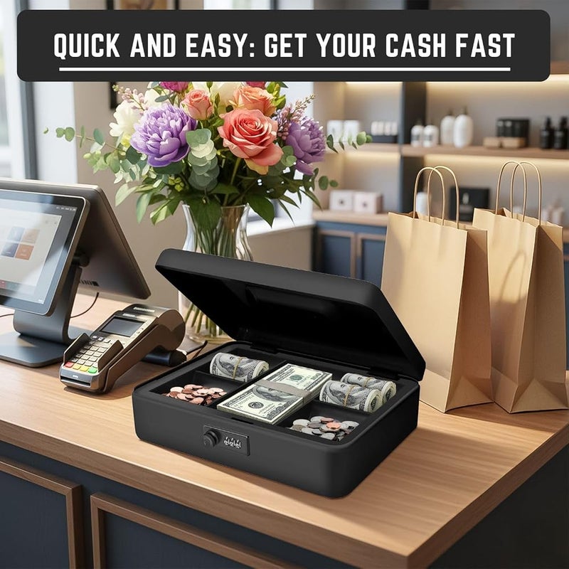 Flexzion Cash Box with Key Lock and Money Coin-Tray Steel Money Lock Box Safe Storage Security Locker, Small Portable Steel Counter Cashier Drawer Spring Loaded Clips for Bills, Checks, Jewelry - Image 2