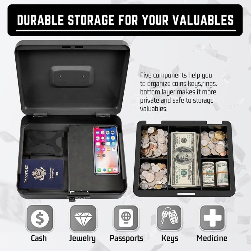 Flexzion Cash Box with Key Lock and Money Coin-Tray Steel Money Lock Box Safe Storage Security Locker, Small Portable Steel Counter Cashier Drawer Spring Loaded Clips for Bills, Checks, Jewelry - Image 4