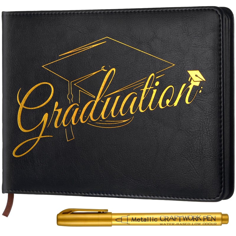 Frienda 2026 Graduation Guest Book Leather Guest Sign in Book with Pen Graduation Party Favors Congratulation Graduates Signature Books(Graduations,Black, Gold) - Image 1
