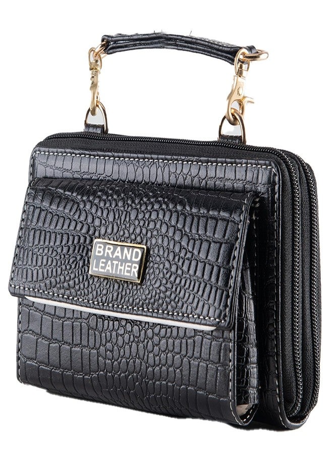 باند ليزر حقائب يد نسائية من الجلد الطبيعي من ماركة BRAND LEATHER، حقائب يد عصرية وأنيقة مناسبة للحفلات وحفلات الزفاف، حقائب يد صغيرة الحجم (لون أسود بنقشة جلد التمساح). - Image 1