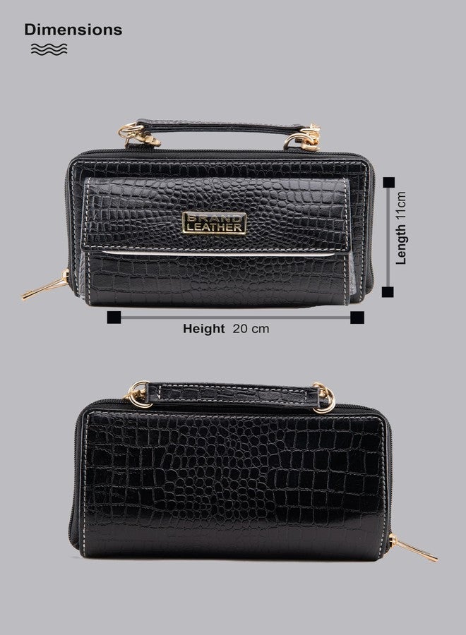 باند ليزر حقائب يد نسائية من الجلد الطبيعي من ماركة BRAND LEATHER، حقائب يد عصرية وأنيقة مناسبة للحفلات وحفلات الزفاف، حقائب يد صغيرة الحجم (لون أسود بنقشة جلد التمساح). - Image 2