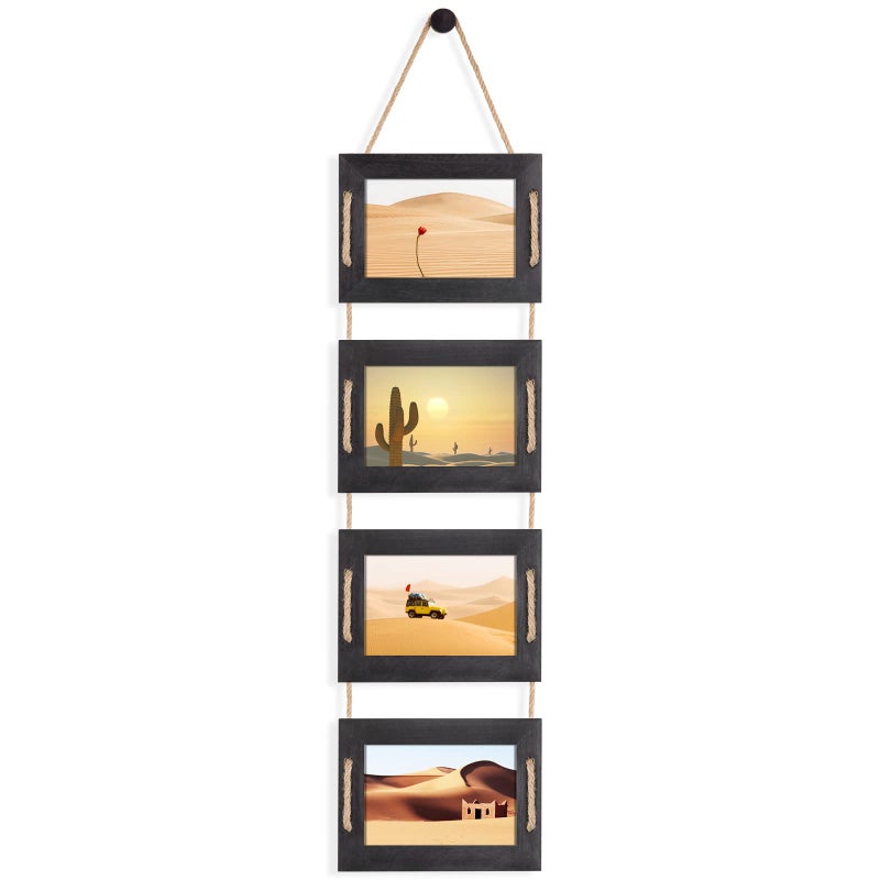 DLQuarts 4x6 Hanging Collage Picture Frames Wall Decor 4Opening 4x6 Photo without Mat Rustic Wood Frame with Hemp Rope 1 Pack Weathered Black