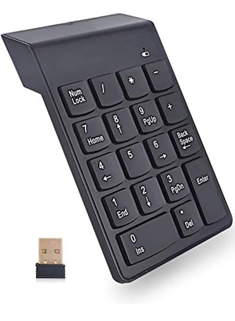 لوحة مفاتيح رقمية لاسلكية 2.4 جيجاهرتز فائقة النحافة - مقاومة للرذاذ - طباعة بالأشعة فوق البنفسجية لـ 18 حرفًا رئيسيًا لأجهزة الكمبيوتر المحمولة (بطارية AAA غير متضمنة) | أسود - Image 1